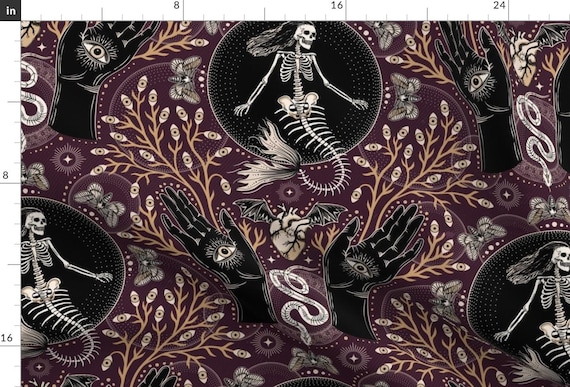 Mermaid Skeleton Fabric - Phantasmagoria by misentangledvision - Gothic Hands Eyes Scary Spooky Fabric by the Yard by Spoonflower
