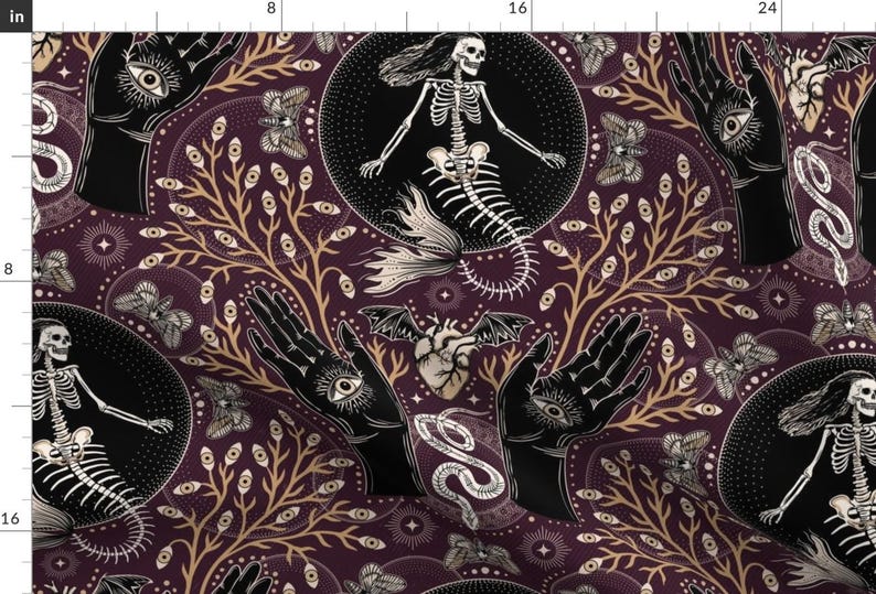 Mermaid Skeleton Fabric - Phantasmagoria by misentangledvision - Gothic Hands Eyes Scary Spooky Fabric by the Yard by Spoonflower image 1