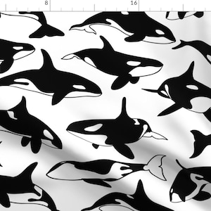 Black and White Fabric - Orca By Fattcheese - Black and White Orca Whale Sea Creature Cotton Fabric By The Yard With Spoonflower