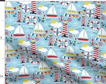 Sailing Nautical Lighthouse Fabric - Maritime By Jjtrends - Sailing Red And Blue Anchors Cotton Fabric By The Yard With Spoonflower