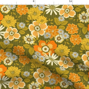 1970s Retro Fabric - Seventie Floral by jacquelinehurd - Avocado Green Yellow Hippie Groovy Daisies Boho Fabric by the Yard by Spoonflower