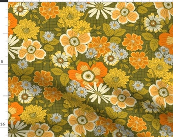 1970s Retro Fabric - Seventie Floral by jacquelinehurd - Avocado Green Yellow Hippie Groovy Daisies Boho Fabric by the Yard by Spoonflower