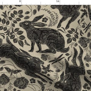 Block Print Bunnies Fabric - Rabbits by silver_steer_design - Linocut Woodblock Hares Woodland Neutral Fabric by the Yard by Spoonflower imagem 1