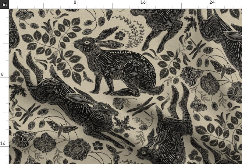 Block Print Bunnies Fabric - Rabbits by silver_steer_design - Linocut Woodblock Hares Woodland Neutral Fabric by the Yard by Spoonflower imagem 1