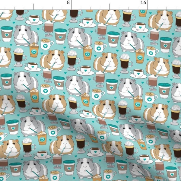 Guinea Pig Coffee Drinks Fabric - Large Guinea-Pigs-And-Coffee On Teal By Lilcubby - Guinea Pig Cotton Fabric By The Yard With Spoonflower