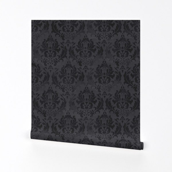 Papier peint damassé gothique - Damask Noir parwhat-works - Papier peint amovible amovible gris victorien noir par Spoonflower