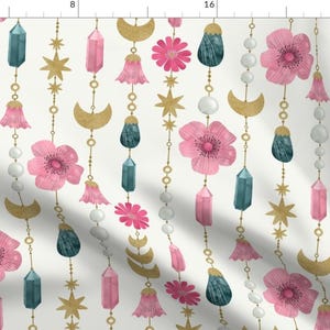 Zodiac Fabric - Moon And Gemstones Beads By Marketa Stengl - White Pink Yellow Vertical Crystals Cotton Fabric By The Yard With Spoonflower