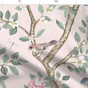 Tela de satén extra ancha estilo chinoiserie, estampado floral vintage rosa, tela botánica de pradera cortada a medida, rosa pálido, Elsie's Garden de danika_herrick imagen 3