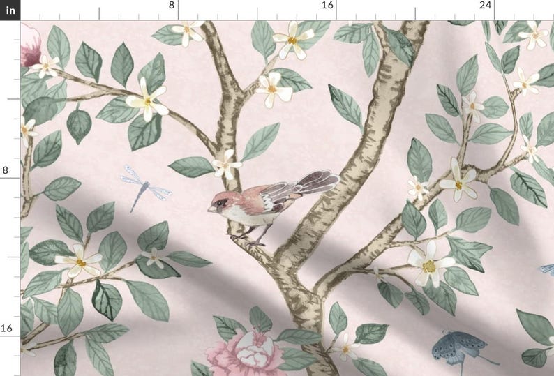 Tela de satén extra ancha estilo chinoiserie, estampado floral vintage rosa, tela botánica de pradera cortada a medida, rosa pálido, Elsie's Garden de danika_herrick imagen 3