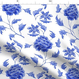 Chinoiserie Floral Fabric - Chinoiserie Peony By Caela Bee Designs - Blue And White Asian Flowers Cotton Fabric By The Yard With Spoonflower