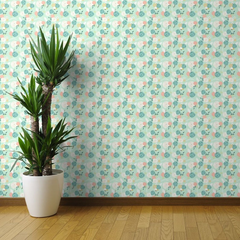 Custom Printed Removable Self Adhesive Wallpaper Roll by Spoonflower Blue Summer Blooms by Mint Peony Floral Wallpaper