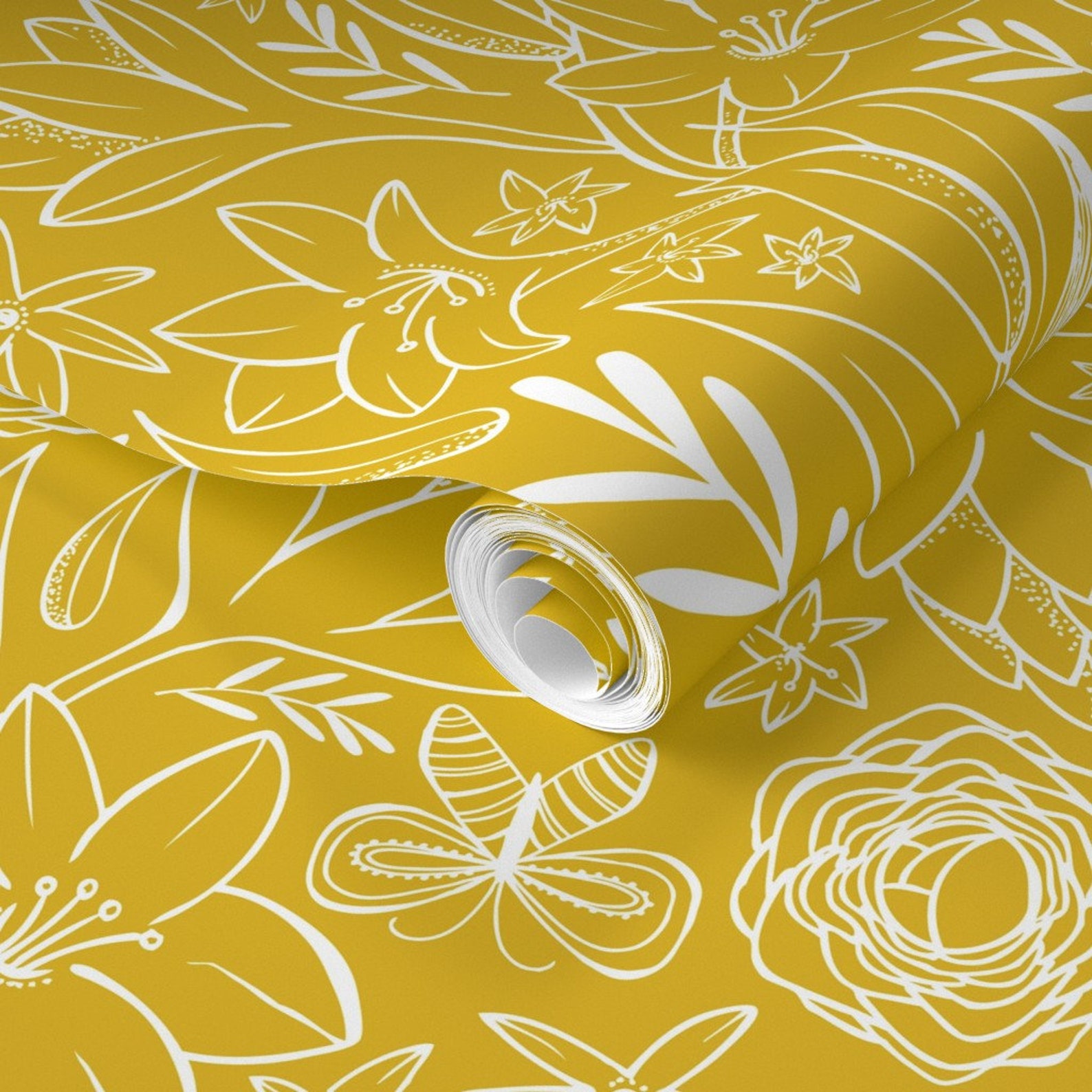 Floral Wallpaper Botanical Sketchbook Floral Yellow by - Etsy