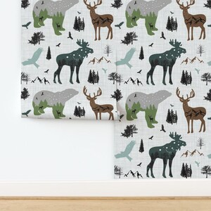 Skogstapet - Skogsdjur på linne av Karolina Papiez - Specialtryckt avtagbar självhäftande tapetrulle av Spoonflower bild 4