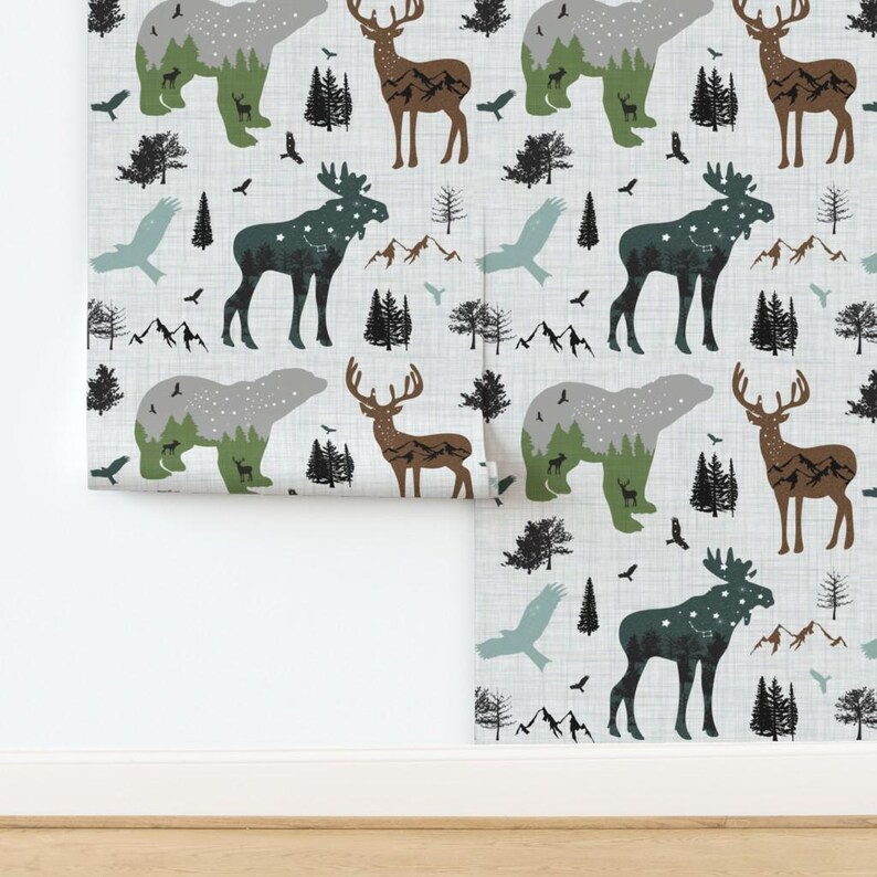 Skogstapet - Skogsdjur på linne av Karolina Papiez - Specialtryckt avtagbar självhäftande tapetrulle av Spoonflower bild 4