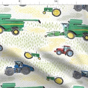 Tractor Fabric - Large Scale Watercolor Tractors On White By Landpenguin - Farm Harvest Combine Cotton Fabric By The Yard With Spoonflower