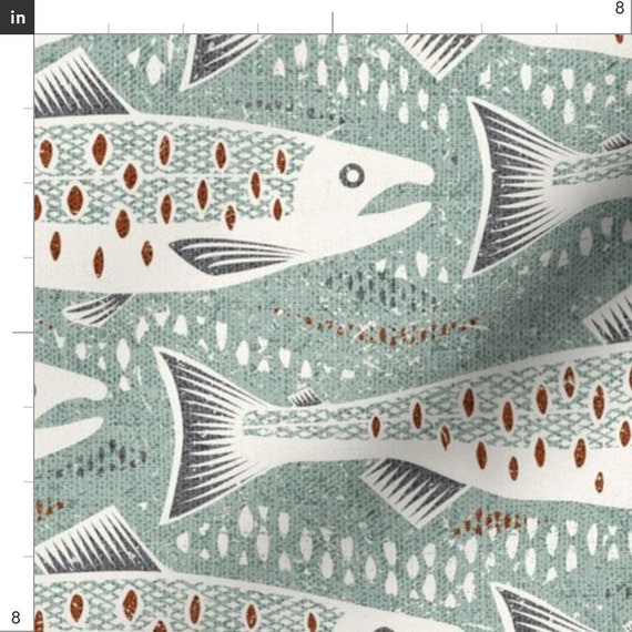 Salmon Fabric - Salmon By Fleabat - Mint Green Fish Trout Animal Wildlife  Forest Canada Fishing Cotton Fabric By The Yard With Spoonflower