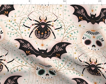 Halloween Fabric - Pastel Halloween Spider Webs By Garabateo - Halloween Bats Skulls Beige Blue Cotton Fabric By The Yard With Spoonflower