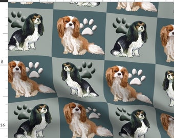 Spaniels Quilt Block Fabric - Cavalier Spaniels Fabric In Blue By Dogdaze - Dog Cheater Quilt Cotton Fabric By The Yard With Spoonflower