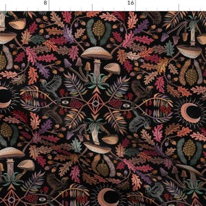 May include: A dark background with a repeating pattern of mushrooms, leaves, and other forest elements. The pattern is in shades of brown, pink, green, and blue.