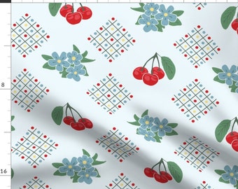 Retro Cherry Fabric - 1940's Cherry by lioriel - Vintage Light Blue Red Old Fashioned Classic Homey Fabric by the Yard by Spoonflower