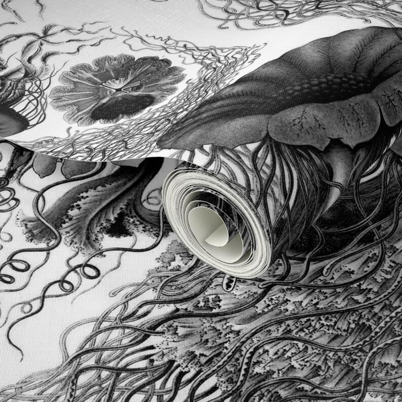 Sea Wallpaper - Jellyfish ~ Black White Swarm By Peacoquettedesigns - Custom Printed Removable Self Adhesive Wallpaper Roll by Spoonflower image 3