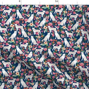 White Dog Fabric - Jindo Floral Fabric Dog By Petfriendly - Jindo White Dog Vintage Floral Cotton Fabric By The Yard With Spoonflower