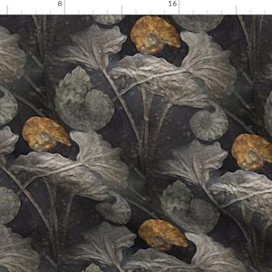 May include: A seamless pattern featuring fossilized leaves and ammonites in shades of gray, brown, and gold on a dark background.