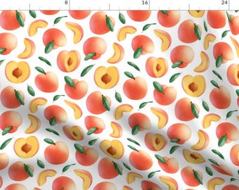 May include: A seamless pattern featuring watercolor illustrations of peaches and peach slices on a white background. The peaches are a light pink color and the slices are a light yellow color.