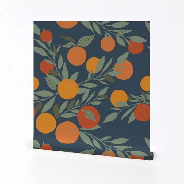 citrus Wallpaper - Navy Tangerine Jumbo By Indybloomdesign - Tropical Custom Printed Removable Self Adhesive Wallpaper Roll by Spoonflower