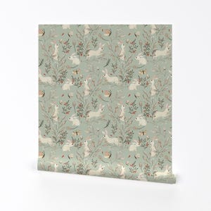 Papel pintado de conejitos - Conejitos verde oscuro de Katherine Quinn - Rollo de papel pintado autoadhesivo extraíble con impresión personalizada de conejitos verdes de Spoonflower
