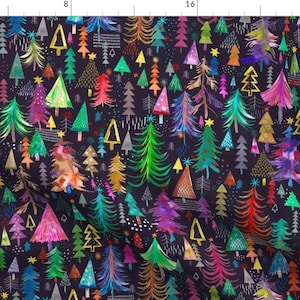 May include: A colorful and whimsical pattern featuring a variety of stylized Christmas trees in shades of green, blue, pink, purple, red, yellow, and gold on a dark purple background. The trees are decorated with stars, snowflakes, and other festive details.