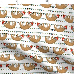 May include: A white background with a repeating pattern of brown sloths wearing Santa hats hanging from a string of colorful Christmas lights.