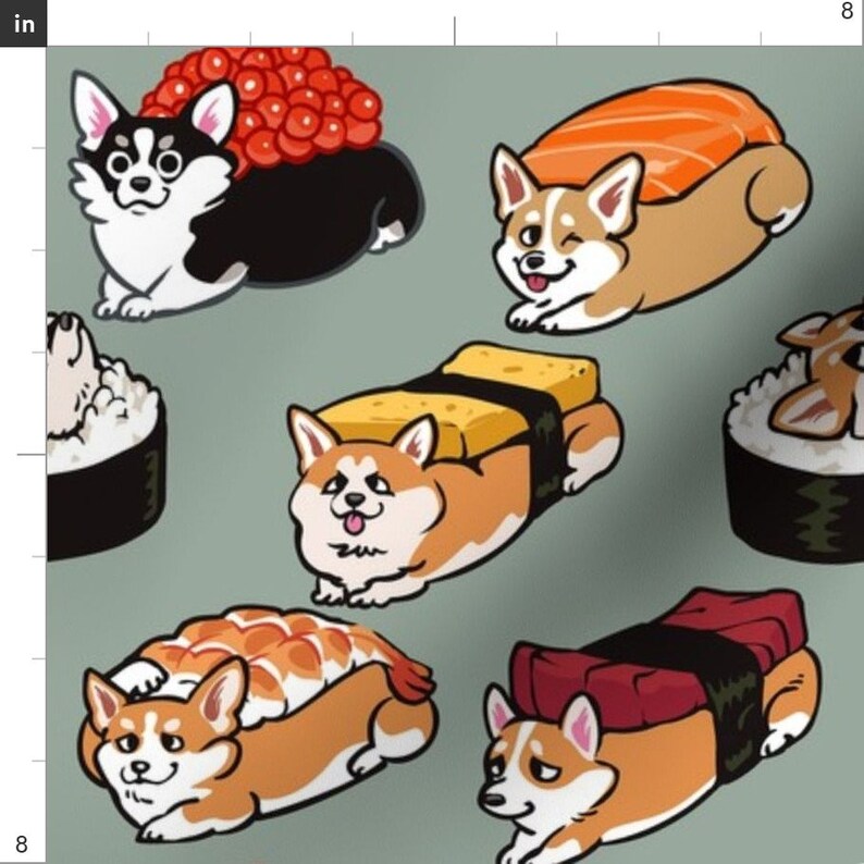 Gray Sushi Corgi Dogs Fabric Sushi Corgi by Huebucket Dog | Etsy