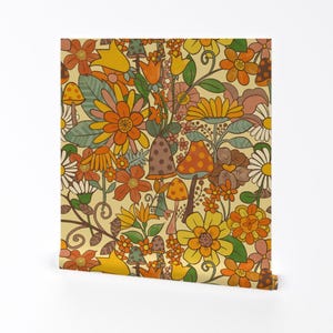 Carta da parati rimovibile con motivo floreale vintage hippy - toni della terra retrò - decorazione da parete - funghi e fiori di kimmygowland