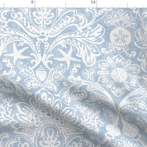 Blue Coastal Damask Fabric - Seashell Damask by kee_design_studio - Seashells Beach Ocean Traditional Fabric by the Yard by Spoonflower