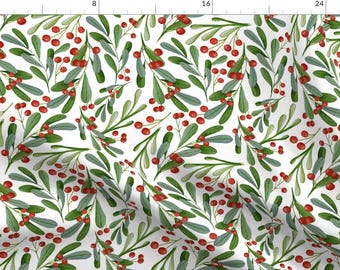 Mistletoe Berry Fabric - Watercolor Christmas Foliage By Twodreamsshop - Green Red Holly Holiday Cotton Fabric By The Yard With Spoonflower
