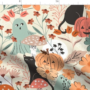 Cute Halloween Ghost Extra Wide Sateen Fabric Pastel Floral Pumpkin Orange Fabric By The Yard Ghosts And Pumpkin by sally_mountain image 3