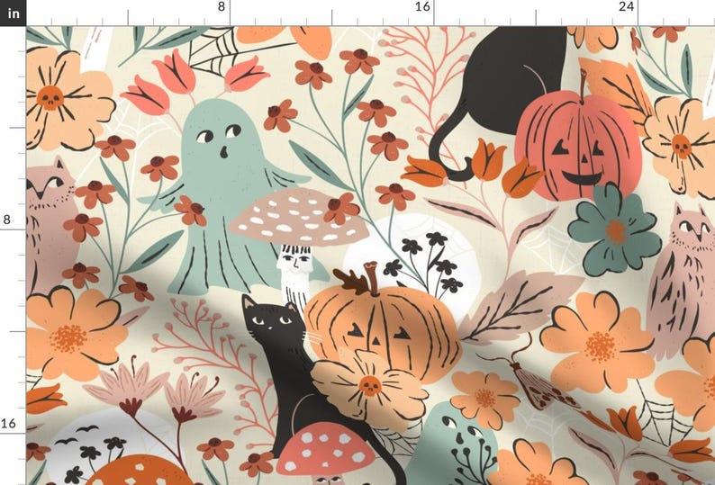 Cute Halloween Ghost Extra Wide Sateen Fabric Pastel Floral Pumpkin Orange Fabric By The Yard Ghosts And Pumpkin by sally_mountain image 3