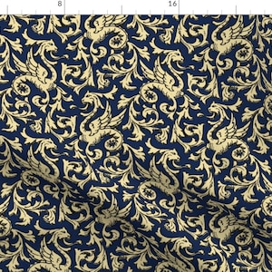 Dragons Fabric - Here There Be Dragons Navy Gold By Peacoquettedesigns - Yellow Medieval Dragons Cotton Fabric By The Yard With Spoonflower