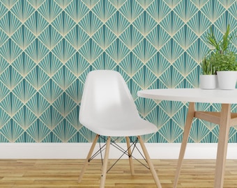 Aqua Art Deco Peel and Stick Wallpaper - Art Deco Fans Turquoise Yellow - Removable Wall Decor Art - Art Deco Fans by fernlesliestudio