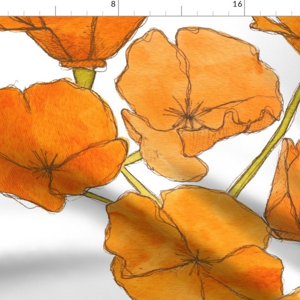 California Poppy Fabric - Poppy Large Scale by studiodena - Watercolor Floral Orange Poppies Large Scale Fabric by the Yard by Spoonflower