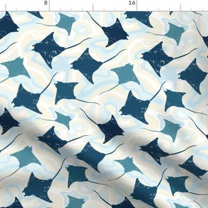 Blue Manta Ray Aquatic Fabric - Swimming Manta Rays By Avisnana - Manta Ray Blue Nautical Cotton Fabric By The Yard With Spoonflower