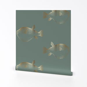 Underseas Wallpaper - Gold Puffer Fish Blowfish Green Blue By Jenlats - Custom Printed Removable Self Adhesive Wallpaper Roll by Spoonflower