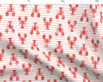 Lobster Fabric - Lobsters On Stripes Pink Red By Littlearrowdesign - Lobster Sea Ocean Stripes Cotton Fabric By The Yard With Spoonflower