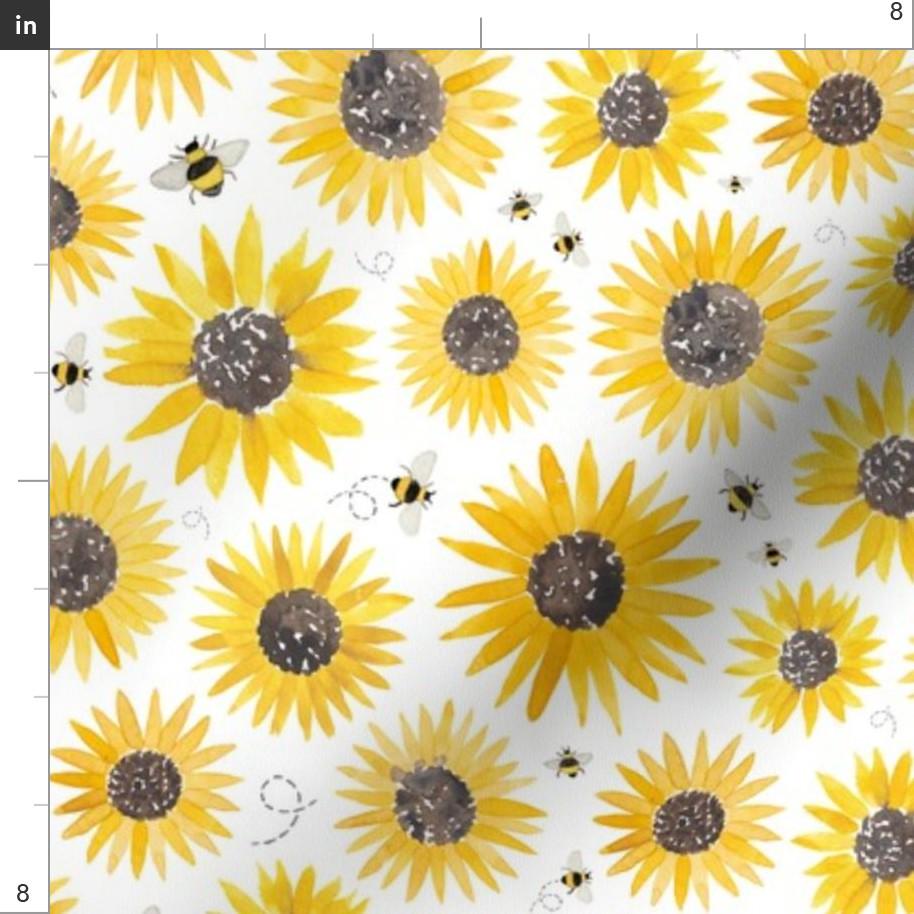Yellow Sunflower Fabric - Sunflowers and Bumble Bees by Elena O'neill ...