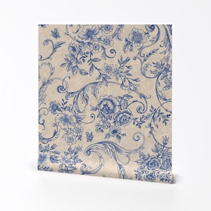 Rococo Chintz Removable Peel and Stick Wallpaper - Delicate Toile - Wall Art Wall Decor - Rococo Toile Blue by felicity_jane_design