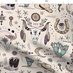 Western Fabric - Boho Tribal Cowgirl Ephemera By Misentangledvision - Beige Skull Head Celestial Cotton Fabric By The Yard With Spoonflower