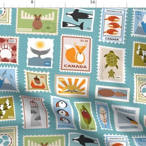 Canadian Wildlife Fabric - Canadian Stamp Set By Sarahparr - Stamps Blue Animals Prints Wildlife Cotton Fabric By The Yard With Spoonflower