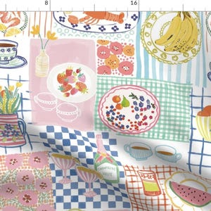 Whimsical Fabric - Summer Picnic Medium by mariarein - Foodie Kitchen Picnic Pastel Champagne Coffee Fruit Fabric by the Yard by Spoonflower