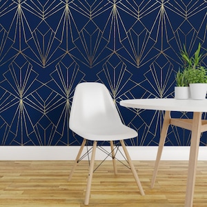 Blue Peel and Stick Wallpaper -  Geometric Pattern Art Deco Navy Dark Blue - Removable Wall Decor Art - Art Deco Blue by thewellingtonboot